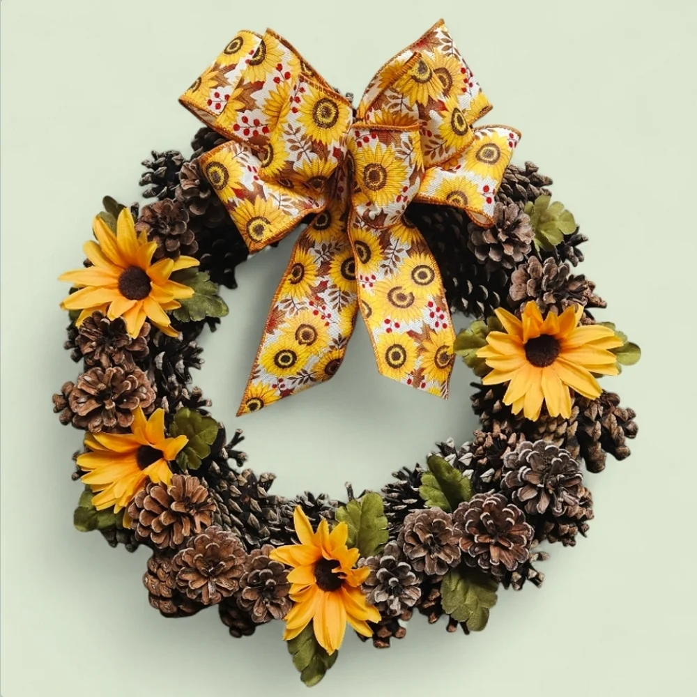 Handmade Sunflower & Black-eyed Susan Summer Fall Pinecone Wreath